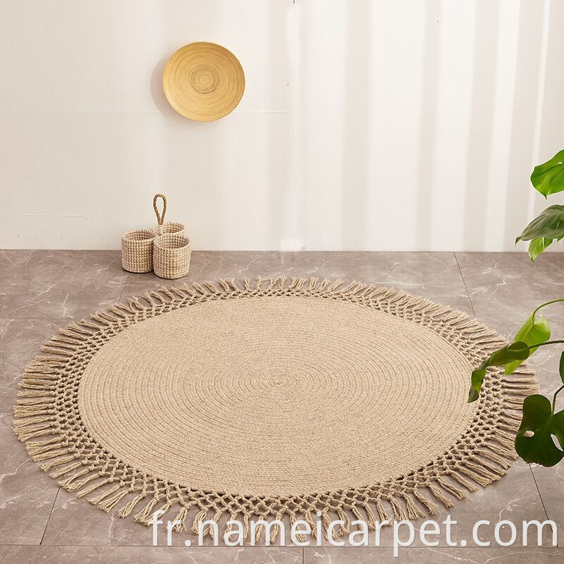 Round Wool Braided Living Room Rug With Tassels